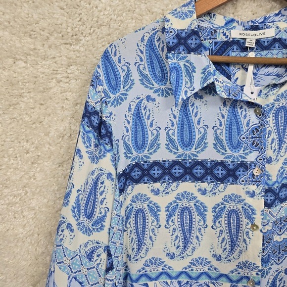 Rose Olive Top Women 2X Blue Button Up Long Sleeve Paisley Patchwork Lightweight - Picture 3 of 13